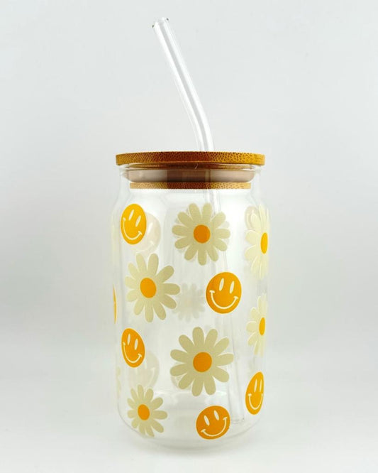 'SMILEY DAISY' 16oz Glass Can Media 1 of 4