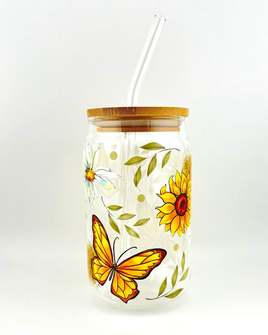 'SUNFLOWER BUTTERFLY' 16oz Glass Can Media 1 of 4